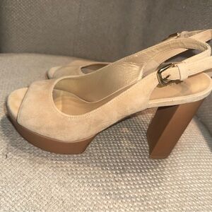Platform Slingback Block Heel Sandals in Beige